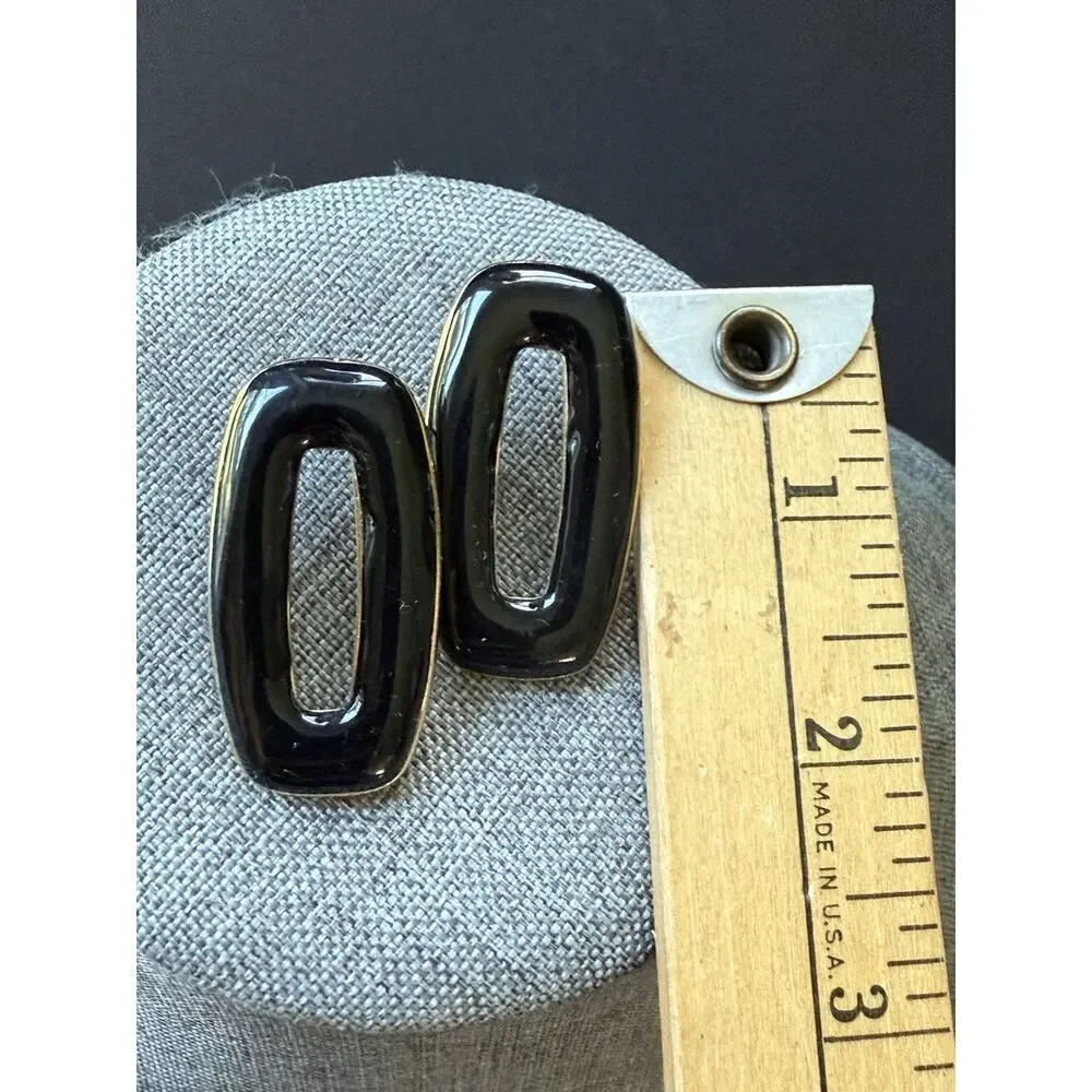 Vintage Enamel Clip On Earring Geometric Black Gold Tone Career 80s 90s Y2K